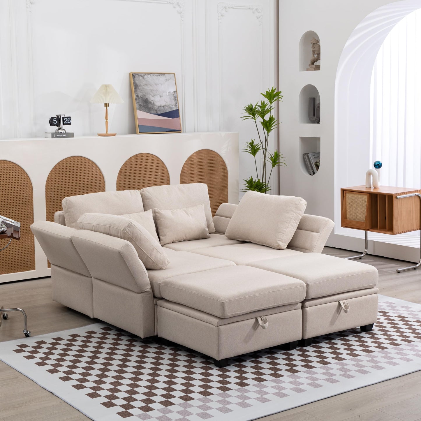 Modułowa sofa w kształcie litery U z miejscem do przechowywania, szeroka sofa do salonu, 6 siedzeń (beżowa)