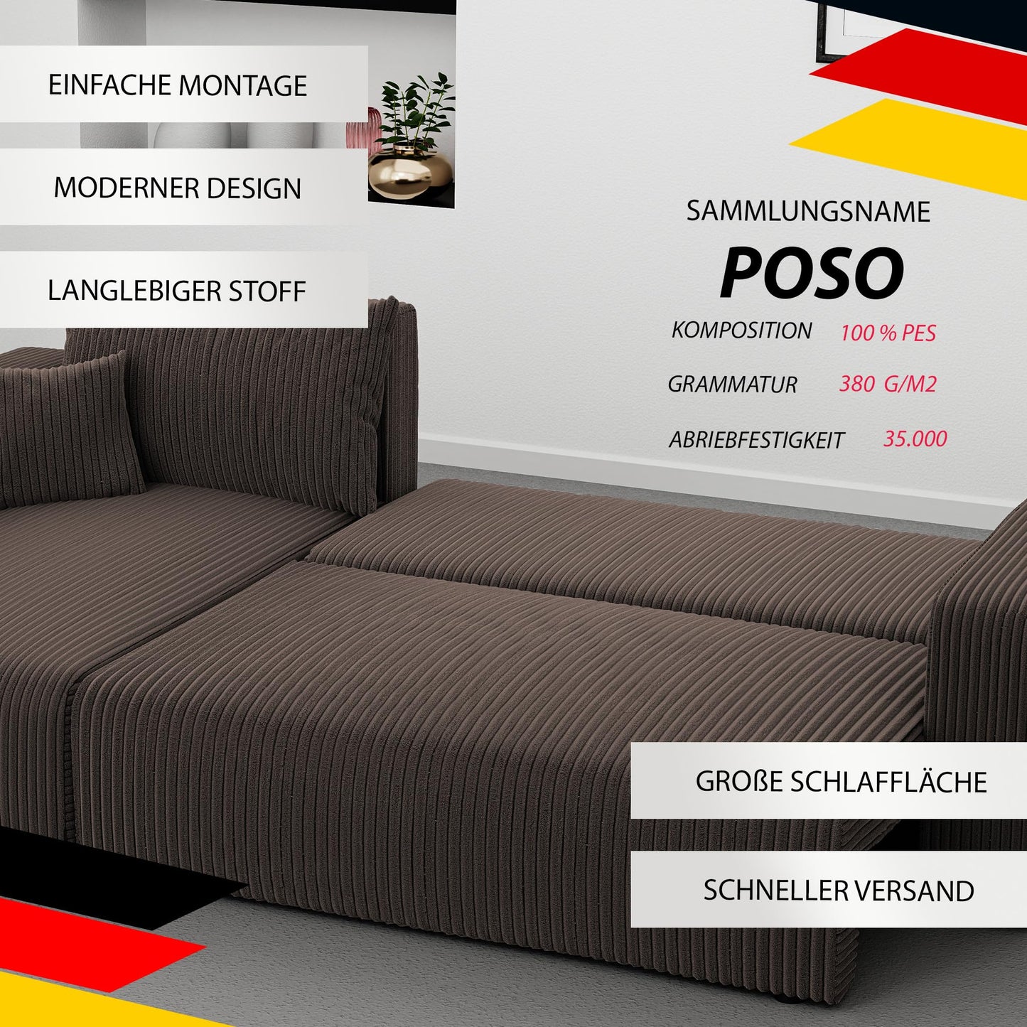 Sofa z funkcją spania, 145 x 248 cm, 3-osobowa, narożnik ze skrzynią na pościel, sofa do spania, do salonu