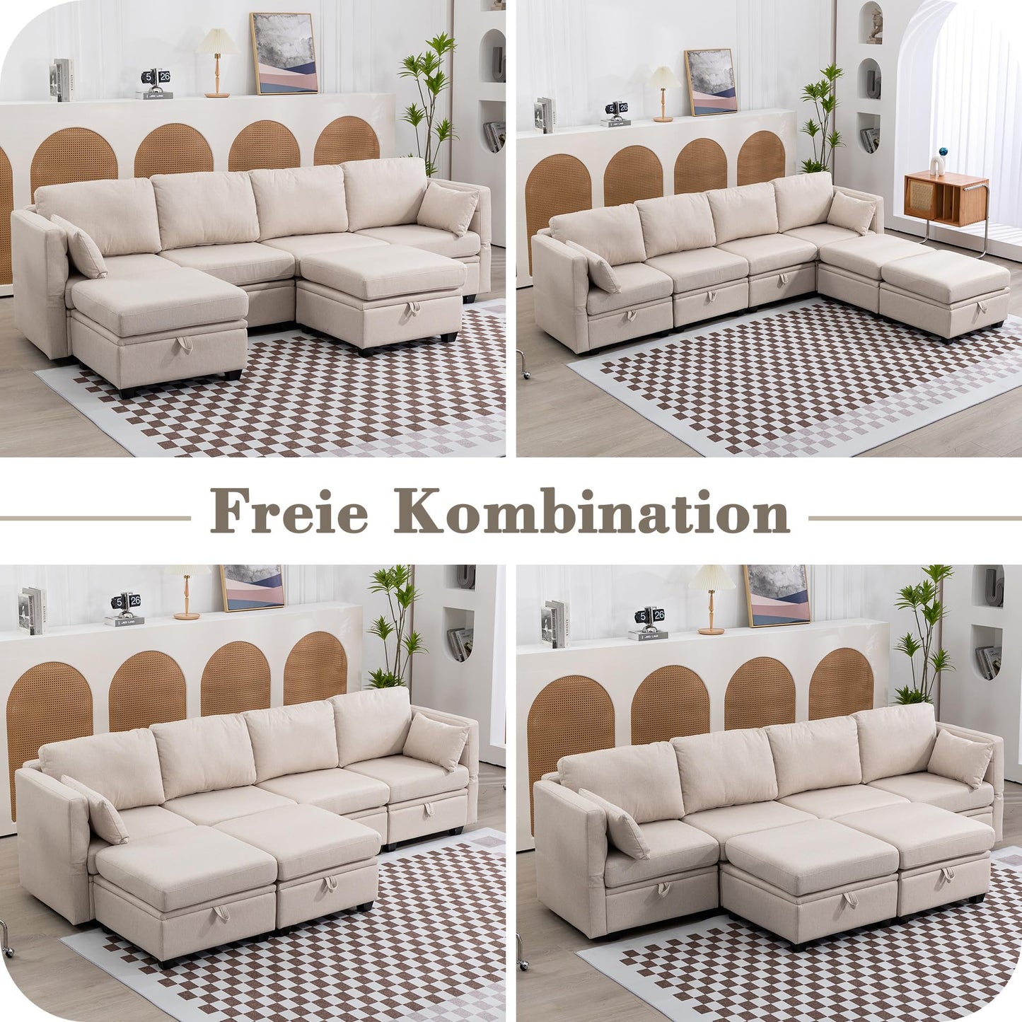 Modułowa sofa w kształcie litery U z miejscem do przechowywania, szeroka sofa do salonu, 6 siedzeń (beżowa)