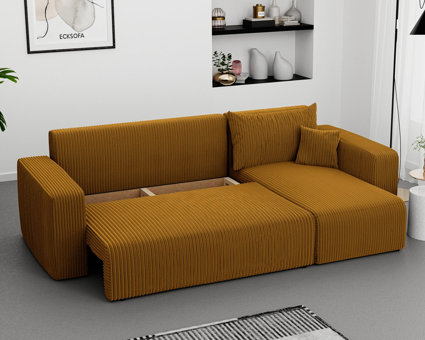 Sofa z funkcją spania, 145 x 248 cm, 3-osobowa, narożnik ze skrzynią na pościel, sofa do spania, do salonu