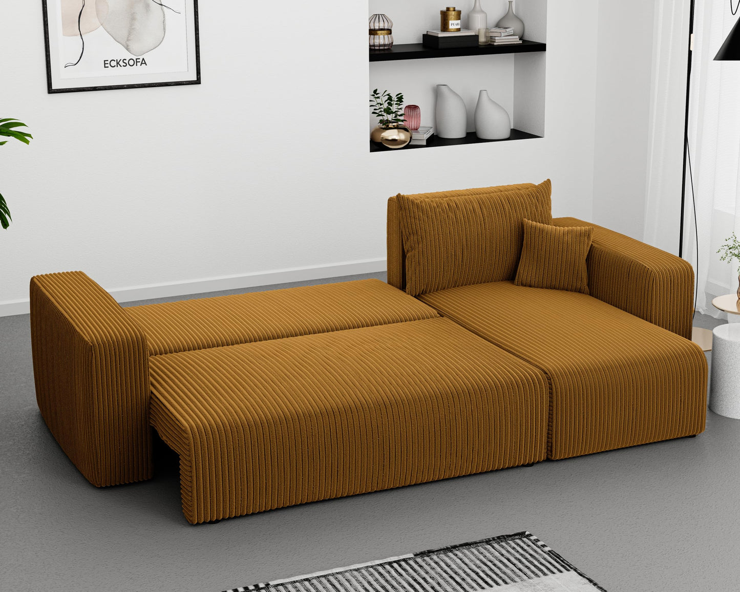 Sofa z funkcją spania, 145 x 248 cm, 3-osobowa, narożnik ze skrzynią na pościel, sofa do spania, do salonu