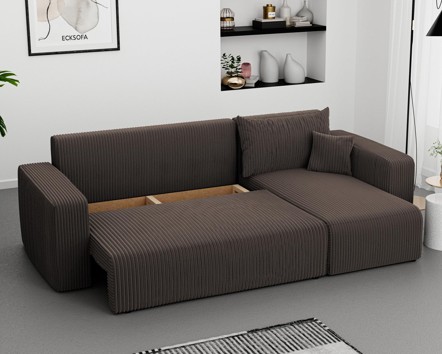 Sofa z funkcją spania, 145 x 248 cm, 3-osobowa, narożnik ze skrzynią na pościel, sofa do spania, do salonu