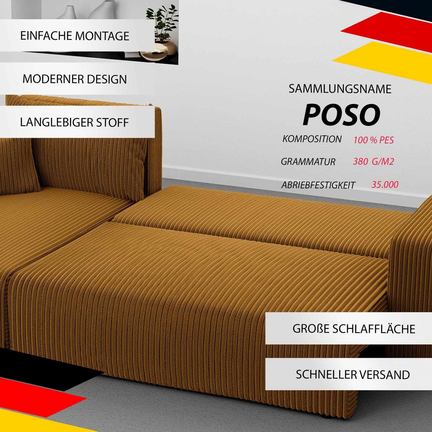 Sofa z funkcją spania, 145 x 248 cm, 3-osobowa, narożnik ze skrzynią na pościel, sofa do spania, do salonu